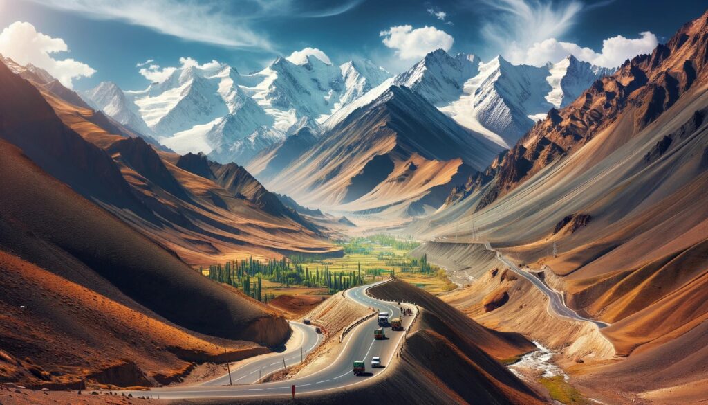 A breathtaking view of the Manali Leh Highway, showing a winding road cutting through the majestic Himalayan landscape