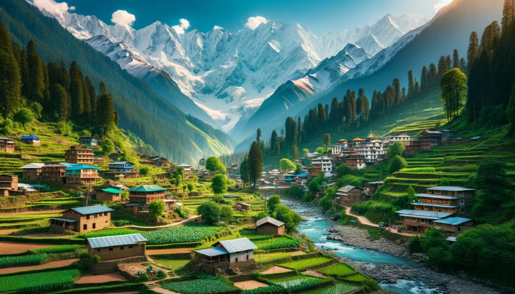 breathtaking offbeat destinations in Himachal Pradesh showcasing a remote village with traditional Himachali houses, lush green terraced fields